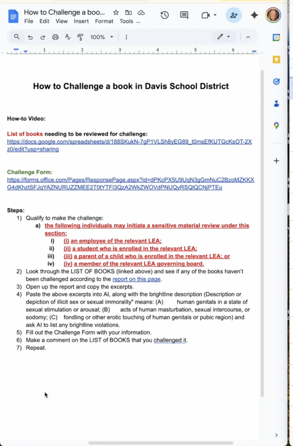 A written instruction sheet from Brooke Stephens's how-to video. Numbered steps: (1) qualify to make the challenge; (2) look through the list of books; (3) open the report and copy the excerpts; (4) paste the excerpts into AI along with the legal 'brightline' definition of illicit sexual content and ask AI to list any brightline violations; (5) fill out the challenge form; (6) comment on the list; (7) repeat.